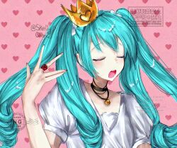 1girl aqua_hair crown hatsune_miku heart heart_background highres jewelry light_blush long_hair low_drills necklace open_mouth quad_tails ring skellychan vocaloid watermark world_is_mine_(vocaloid) 