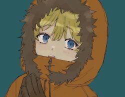  animification blonde_hair blue_background blue_eyes commentary_request fur-trimmed_hood fur_trim g_qbe8 gloves high_collar hood hood_up kenny_mccormick open_mouth own_hands_together portrait south_park 