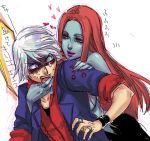  aka_gan_k blue_skin devil_may_cry devil_may_cry_3 devil_may_cry_4 heart long_hair lowres nero nero_(devil_may_cry) nevan red_eyes red_hair sweat white_hair 