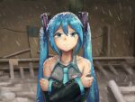  1girl :&lt; bangs blue_eyes blue_hair collared_shirt crossed_arms crying crying_with_eyes_open dated detached_sleeves digiral frown hatsune_miku highres long_hair long_sleeves looking_at_viewer meme necktie outdoors parody shirt sleeveless sleeveless_shirt snow snow_on_head snowing solo tears twintails very_long_hair vocaloid winter 