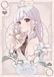  ahoge are_tete_(vtuber) bare_shoulders blush card character_name crown earrings english_text flower highres holding holding_crown indie_virtual_youtuber jewelry long_hair looking_at_viewer okaki_wtvc3785 parted_lips playing_card red_eyes upper_body virtual_youtuber white_hair 