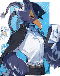  3boys beak belt belt_buckle bird_boy bird_wings black_coat black_pants blue_feathers blue_hat braid brown_belt buckle clipboard coat commentary cropped_legs eyeshadow feathers furry furry_male green_eyes hat highres holding holding_clipboard link luminous_slime makeup male_focus multiple_boys open_clothes open_coat pants red_eyeshadow revali rito shirt solo_focus symbol-only_commentary the_legend_of_zelda the_legend_of_zelda:_breath_of_the_wild tulin_(zelda) white_shirt wings 