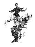  amano_yoshitaka animal_ears armor ashe ashelia_b&#039;nargin_dalmasca ashelia_b'nargin_dalmasca balflear balthier bunny bunny_ears final_fantasy final_fantasy_xii fran gun highres long_hair monochrome official_art rabbit rabbit_ears short_hair vaan viera weapon 