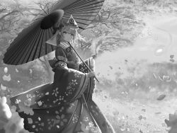  1girl absurdres cherry_blossoms chinese_commentary closed_mouth commentary_request day falling_petals greyscale hat highres holding holding_umbrella japanese_clothes kimono liefeng_dm long_sleeves mob_cap monochrome oil-paper_umbrella outdoors petals saigyouji_yuyuko short_hair touhou tree triangular_headpiece umbrella wide_sleeves 