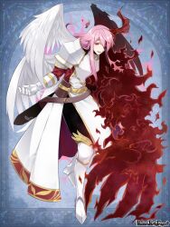  1boy :d angel_wings armor armored_boots asymmetrical_wings belt black_pants blue_background boots breastplate brown_belt claws copyright_name demon_horns eyes_in_shadow feathered_wings flaming_hand full_body gloves glowing glowing_eye greaves hair_between_eyes horns l_(matador) leaning_forward long_hair long_sleeves looking_at_viewer male_focus mismatched_wings multiple_wings open_hand pandora_party_project pants pauldrons pelvic_curtain pink_hair poleyn red_eyes red_shirt red_wings sabaton sheath sheathed shirt shoulder_armor single_horn smile solo standing sword waist_cape weapon white_armor white_gloves white_wings wings 