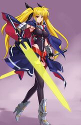  blonde_hair dual_wielding energy_sword fate_testarossa fingerless_gloves gloves high_heels highres long_hair mahou_shoujo_lyrical_nanoha mahou_shoujo_lyrical_nanoha_strikers makacoon red_eyes shoes sword thigh-highs thighhighs twintails very_long_hair weapon 