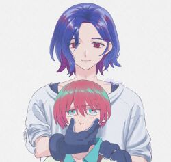  1boy 1girl amate_yuzuriha aqua_eyes blue_hair blush cheek_squash collared_shirt colored_inner_hair gloves grabbing_another&#039;s_face gundam gundam_gquuuuuux hands_on_another&#039;s_cheeks hands_on_another&#039;s_face highres jitome lower_eyelashes_only multicolored_hair purple_hair qiu_lin red_eyes red_hair shirt short_hair shuji_ito simple_background smile squeezing_cheeks two-tone_hair white_background white_shirt 