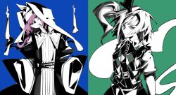 2girls argyle_clothes argyle_vest bow closed_mouth dress green_eyes hairband head_tilt horizontal_pupils konpaku_youmu konpaku_youmu_(ghost) koumajou_densetsu long_hair long_sleeves multiple_girls pink_hair puritan_collar saigyouji_yuyuko short_hair short_sleeves spot_color touhou veil vest wide_sleeves xian_qishui 