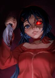  1girl anime blue_eyes blue_hair blue_skirt breasts elfe hair_ornament hairband head_tilt highres knife long_hair looking_at_viewer low_twintails medium_breasts midriff miniskirt miside mita_(miside) red_eyes red_hairband red_shirt red_thighhighs shirt skindentation skirt smile solo stockings tagme twintails 