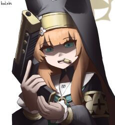  1girl absurdres animal_ears armlet blue_archive blue_eyes bullet bullet_biting cat_ears cat_girl coif commentary desert_eagle english_commentary gun hair_between_eyes halo handgun highres holding holding_gun holding_weapon jewelry kai_xin long_hair looking_at_viewer mari_(blue_archive) mouth_hold nun orange_hair school_uniform serafuku sidelocks simple_background solo trinity_general_school_logo upper_body weapon white_background 