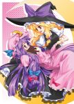  bad_id blonde_hair blush book bow covering_mouth crescent_moon eye_contact hair_bow hand_holding hat holding_hands hong_(white_spider) kirisame_marisa long_hair moon multiple_girls open_mouth patchouli_knowledge purple_hair ribbon ribbons robe shiro_spider shy smile touhou very_long_hair witch_hat yuri 