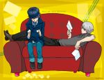  blue_hair boots cabbie_hat card cards couch engrish haruyama_(pixiv169154) hat holding holding_card narukami_yuu persona persona_4 protagonist_(persona4) ranguage reverse_trap seta_souji shirogane_naoto short_hair silver_hair tomboy 