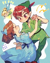  1boy 2girls blonde_hair blue_eyes breasts brown_hair cosplay dress fairy fairy_wings feathers green_dress green_tunic hair_bun hat_feather mini_person multiple_girls peter_pan_(character) pointy_ears pointy_hat red_feathers repikinoko short_hair single_hair_bun smile strapless strapless_dress tinker_bell_(disney) tinker_bell_(disney)_(cosplay) tunic walt_disney&#039;s_peter_pan wendy_darling wings 