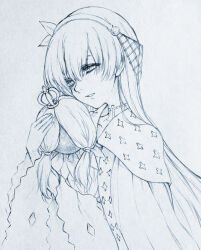  1girl anastasia_(fate) doll expressionless fate/grand_order fate_(series) haruhito_(divineshalt) holding holding_doll lineart long_hair monochrome parted_lips robe solo traditional_media viy_(fate) 