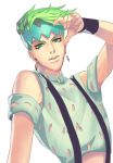  1boy black_n_12 earrings green_eyes green_hair headband jewelry jojo_no_kimyou_na_bouken kishibe_rohan solo suspenders 