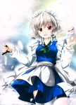  braid cup izayoi_sakuya knife maid ribbon ribbons short_hair silver_hair sorairo_porin thighhighs touhou twintails white_legwear 