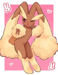  1girl :3 animal_ears animal_nose arm_up black_sclera blush body_fur border brown_fur colored_sclera commentary_request double_v flat_chest fluffy full_body furry furry_female grid_background hand_up happy heart highres looking_at_viewer lopunny one_eye_closed open_mouth outside_border outstretched_arm partial_commentary pink_background pointy_ears pokemon pokemon_(creature) rabbit_ears rabbit_girl rabbit_tail red_eyes short_tail simple_background smile solo standing tail taki_houdai two-tone_fur v white_border yellow_fur 