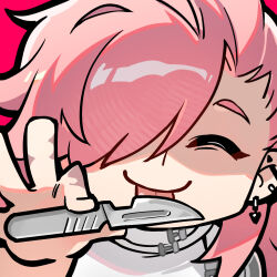  1boy artist_request chibi chibi_only closed_eyes girls&#039;_frontline_neural_cloud girls_frontline licking licking_blade licking_weapon official_art partially_shaded_face pink_hair salmon_(neural_cloud) scalpel second-party_source solo tongue tongue_out weapon 