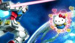  animal_ears beam_saber black_eyes bow cat_ears crossover earth gundam heart hello_kitty hello_kitty_(character) highres mecha mobile_suit_gundam no_humans official_art red_bow rx-78-2 solid_oval_eyes space yellow_eyes 