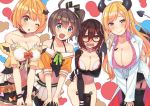  4girls belt bending_forward black_hair blue_eyes blush breasts brown_hair cleavage collarbone commentary_request covering covering_crotch demon_tail embarrassed garter_belt glasses groin hololive horns labcoat large_breasts long_hair multiple_girls natsuiro_matsuri navel no_panties one_eye_closed pantyhose pointy_ears ribbon roboco-san roboco_ch. side_ponytail tail thigh-highs tonari_no_kai_keruberosu virtual_youtuber yozora_mel yuzuki_choco 