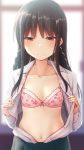  1girl bangs blurry blurry_background blush bow bow_bra bra braid breasts brown_hair closed_mouth collarbone collared_shirt commentary depth_of_field dress_shirt eyebrows_visible_through_hair floral_print green_skirt hair_between_eyes highres long_hair nagami_yuu navel open_clothes open_shirt original pink_bra pleated_skirt print_bra red_eyes school_uniform shirt skirt small_breasts smile solo symbol_commentary twin_braids underwear upper_body very_long_hair white_shirt 