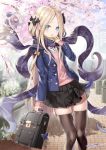  1girl abigail_williams_(fate/grand_order) alternate_costume artist_name bag bangs black_bow black_legwear black_skirt blonde_hair blue_jacket blush bow bug butterfly commentary_request fate/grand_order fate_(series) grey_scarf hair_ornament holding holding_bag insect jacket long_scarf long_sleeves looking_at_viewer outdoors parted_bangs red_ribbon ribbon scarf shirt skirt solo standing sweater_vest thigh-highs tree tyone white_shirt 