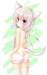  1girl :&lt; ahoge animal_ears ass backless_outfit bangs bare_arms bare_back bare_shoulders blue_eyes blush breasts butt_crack cat_ears cat_girl cat_tail closed_mouth cowboy_shot eyebrows_visible_through_hair green_background hair_between_eyes head_tilt highres looking_at_viewer looking_back meiya_neon meme_attire naked_sweater original sideboob silver_hair small_breasts solo sweater tail thigh-highs turtleneck turtleneck_sweater two-tone_background v-shaped_eyebrows virgin_killer_sweater white_background white_legwear white_sweater 