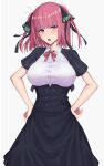  1girl bangs black_dress black_ribbon blue_eyes blunt_bangs blush bow breasts butterfly_hair_ornament clip_studio_paint_(medium) dress elfenlied22 go-toubun_no_hanayome grey_background hair_ornament hand_on_hip head_tilt large_breasts looking_at_viewer nakano_nino open_mouth pink_hair red_bow ribbon shirt short_sleeves simple_background twintails v-shaped_eyebrows white_shirt 