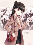  1girl bag black_hair black_skirt brown_coat brown_shirt buttons cellphone cherry_blossoms coat collarbone commentary_request cowboy_shot earphones hair_bun half_updo hand_up head_tilt high-waist_skirt highres holding holding_phone long_coat long_hair long_sleeves looking_at_viewer omoomomo open_clothes open_coat original parted_lips petals phone red_eyes shirt shirt_tucked_in shoulder_bag skirt smartphone solo spring_(season) standing tree wing_collar 