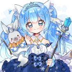  1girl animal bangs blue_bow blue_eyes blue_flower blush bow clothed_animal detached_collar detached_sleeves dress earrings eyebrows_visible_through_hair flower frilled_dress frills hatsune_miku jewelry juliet_sleeves long_sleeves looking_at_viewer puffy_sleeves rabbit scepter smile snow snowflakes solo strapless strapless_dress striped striped_bow tiara twintails upper_body vocaloid yalmyu yuki_miku yukine_(vocaloid) 