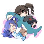  2girls :d asari_nanami bangs black_hair black_jacket blue_hair blush chibi closed_eyes commentary_request eyebrows_visible_through_hair fish_hair_ornament hair_ornament hair_rings hood hooded_jacket hug idolmaster idolmaster_cinderella_girls jacket long_hair long_sleeves mole mole_under_eye multiple_girls open_mouth school_uniform sharp_teeth smile stuffed_animal stuffed_fish stuffed_shark stuffed_toy sunazuka_akira teeth twintails usoneko 