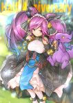  &gt;:) 1girl anniversary bare_shoulders bell black_coat blue_hair bow bread breasts cleo_(dragalia_lost) commentary detached_sleeves dragalia_lost dragon dragon_wings dress eating english_commentary english_text eyebrows_visible_through_hair feeding food giving gradient_hair gurugurere hair_bell hair_bow hair_ornament highres hikage_(dragalia_lost) large_breasts multicolored_hair purple_hair smile twintails twitter_username violet_eyes watermark white_dress white_legwear wings yellow_eyes 