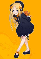  1girl abigail_williams_(fate/grand_order) arms_behind_back bangs black_bow black_dress black_footwear black_headwear blonde_hair bloomers blue_eyes blush bow character_name closed_mouth copyright_name dress fate/grand_order fate_(series) forehead full_body hair_bow highres holding holding_stuffed_animal kazuma_muramasa leaning_forward legs loafers long_hair long_sleeves looking_at_viewer orange_background orange_bow parted_bangs polka_dot polka_dot_bow ribbed_dress shoes simple_background smile solo stuffed_animal stuffed_toy teddy_bear underwear white_bloomers 