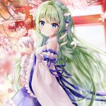  1girl bangs bare_shoulders blue_eyes blue_skirt blush cherry_blossoms closed_mouth detached_sleeves eyebrows_visible_through_hair fingernails flower frilled_skirt frilled_sleeves frills frog_hair_ornament green_hair hair_between_eyes hair_ornament hair_tubes holding japanese_clothes kimono kochiya_sanae long_hair long_sleeves looking_at_viewer looking_to_the_side microphone mutang petals pink_flower pleated_skirt skirt sleeveless sleeveless_kimono smile snake_hair_ornament solo torii touhou tree_branch very_long_hair white_kimono white_sleeves wide_sleeves 