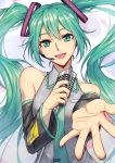  1girl :d bare_shoulders blue_eyes blue_hair blue_nails blue_neckwear breasts detached_sleeves eyelashes fingernails floating_hair grey_shirt hair_between_eyes hatsune_miku head_tilt headset highres holding holding_microphone long_hair looking_at_viewer microphone nail_polish necktie open_mouth outstretched_hand palms shirt si_tong sleeveless sleeveless_shirt small_breasts smile solo teeth twintails upper_body very_long_hair vocaloid 