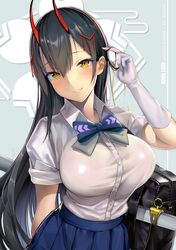  1girl azur_lane bag black_hair blue_background blue_neckwear blue_skirt blush breasts character_name collared_shirt copyright_name dated elbow_gloves gloves hair_between_eyes hair_ornament highres horns large_breasts long_hair looking_at_viewer neck_ribbon parted_lips pleated_skirt rangsiwut_sangwatsharakul ribbon school_bag school_uniform shirt short_sleeves shoulder_bag skirt solo suzuya_(azur_lane) uniform upper_body white_gloves white_shirt yellow_eyes 