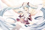  1girl 2016 angel_wings anniversary beige_background black_skirt blue_eyes blue_hair blurry blush character_name dated depth_of_field detached_sleeves eyebrows_visible_through_hair feathered_wings floating gradient gradient_background grey_shirt hands_on_own_chest hatsune_miku holding light_smile long_hair looking_down nokuhashi number_tattoo paper parted_lips sheet_music shirt shoulder_tattoo skirt skirt_lift sleeveless sleeveless_shirt solo tattoo thigh-highs thighs twintails very_long_hair vocaloid white_background wings 