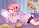  1girl absurdres animal_ears bow breasts cat_ears commentary_request hair_bow highres long_sleeves loungewear lying off_shoulder on_stomach original pillow pink_eyes pink_hair poster short_hair stuffed_animal stuffed_cat stuffed_toy yukari_(rihenara_doll) 