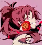  1girl black_bow bow clenched_hand flower hair_bow high_ponytail limited_palette long_hair mahou_shoujo_madoka_magica mouth_hold nightlight0909 nude pink_background red_eyes red_flower redhead sakura_kyouko simple_background solo twitter_username very_long_hair 