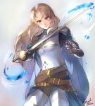  1girl armor artist_name belt blonde_hair blue_cape breastplate cape commentary earrings granblue_fantasy highres jewelry katalina_aryze long_hair magical_ondine rapier red_earrings red_eyes smile smirk solo sword weapon 