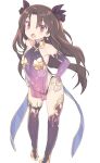  1girl :o bangs bare_shoulders black_panties blade_(galaxist) blush boots brown_hair brown_ribbon collarbone commentary_request cosplay detached_sleeves dress earrings eyebrows_visible_through_hair fate/grand_order fate_(series) full_body hair_ribbon hands_on_hips ishtar_(fate/grand_order) jewelry kama_(fate/grand_order) kama_(fate/grand_order)_(cosplay) long_hair long_sleeves looking_at_viewer open_mouth panties parted_bangs purple_dress purple_footwear purple_legwear purple_sleeves red_eyes ribbon see-through simple_background sleeveless sleeveless_dress sleeves_past_wrists solo standing thigh-highs thigh_boots tohsaka_rin two_side_up underwear very_long_hair white_background 