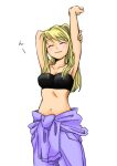  1girl armpits arms_up aumitohi bandeau bare_arms black_tubetop blonde_hair blush breasts cleavage clenched_hand closed_eyes closed_mouth collarbone eyebrows_visible_through_hair female fullmetal_alchemist long_hair medium_breasts midriff navel neck ponytail simple_background smile solo standing strapless stretch tubetop white_background winry_rockbell 