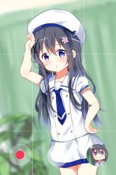  1girl arm_up bangs beret black_hair blue_neckwear blurry blurry_background blush chestnut_mouth commentary_request cosplay cowboy_shot depth_of_field deyui dutch_angle eyebrows_visible_through_hair fingernails flower gochuumon_wa_usagi_desu_ka? hair_between_eyes hair_flower hair_ornament hand_on_hip hat highres kafuu_chino kafuu_chino&#039;s_school_uniform kafuu_chino_(cosplay) long_hair looking_at_viewer necktie parted_lips pink_flower plant potted_plant puffy_short_sleeves puffy_sleeves sailor_collar school_uniform serafuku shirosaki_hana shirt short_sleeves skirt solo_focus standing very_long_hair violet_eyes watashi_ni_tenshi_ga_maiorita! white_headwear white_sailor_collar white_serafuku white_shirt white_skirt x_hair_ornament 