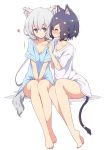  2girls animal_ear_fluff animal_ears barefoot black_hair blue_eyes blue_shirt blush cat_ears cat_tail closed_eyes collarbone eyebrows_visible_through_hair hair_between_eyes hair_ornament hair_ribbon heart highres kemonomimi_mode konno_junko long_hair low_twintails mel_(melty_pot) mizuno_ai multiple_girls naked_shirt ribbon shirt short_hair short_sleeves silver_hair simple_background sitting smile t-shirt tail twintails white_background white_shirt yuri zombie_land_saga 