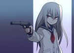  1girl commentary elena_trafalgar finger_on_trigger gun hair_between_eyes handgun holding holding_gun holding_weapon ikune_juugo long_hair original red_eyes school_uniform serafuku silver_hair solo suppressor walther walther_ppk weapon 