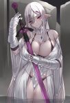  1girl bare_shoulders blush breasts cleavage earrings elf eyebrows_visible_through_hair gauntlets hair_over_one_eye jewelry k_jin large_breasts long_hair looking_at_viewer mole mole_under_eye original pointy_ears red_eyes robe silver_hair smile solo sword thigh_gap violet_eyes wading water weapon 