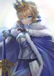  1girl ahoge armor armored_dress artoria_pendragon_(all) bangs blonde_hair blue_bow blue_cloak blue_dress blue_eyes bow braid breastplate breasts cloak closed_mouth commentary_request crown dress excalibur eyebrows_visible_through_hair fate/stay_night fate_(series) fur-trimmed_cloak fur_trim gauntlets gedou_(shigure_seishin) glowing glowing_eyes hair_between_eyes hair_bow hand_on_hilt looking_at_viewer medium_breasts saber solo tilted_headwear 