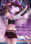 1girl a.i._channel absurdres arm_up belt black_shorts black_tank_top bracelet breasts brown_hair cleavage collarbone eyebrows_visible_through_hair floating_hair green_eyes hair_between_eyes head_tilt high_ponytail highlights highres holding holding_microphone jewelry kizuna_ai long_hair looking_at_viewer medium_breasts microphone midriff multicolored_hair navel nekobell off-shoulder_shirt off_shoulder outstretched_arm pulled_by_self shiny shiny_hair shirt shirt_pull short_shorts shorts smile solo_focus stage stomach thigh_gap very_long_hair virtual_youtuber white_shirt 
