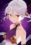  1girl armpits closed_mouth collarbone commentary_request detached_sleeves earrings fate/grand_order fate_(series) gradient gradient_background grey_hair hair_between_eyes hair_ribbon highres jewelry kama_(fate/grand_order) looking_at_viewer pinch_(nesume) purple_background red_eyes red_ribbon ribbon serious shawl short_hair smile solo upper_body 