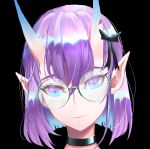  1girl bangs black_background black_bow black_choker blue_eyes blue_hair bow capitan_wei choker face glasses gradient_eyes gradient_hair hair_bow head_tilt highres horns lavender_eyes lavender_hair looking_at_viewer multicolored multicolored_eyes multicolored_hair oni oni_horns original pointy_ears short_hair solo 